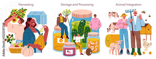 Illustrations on Harvesting, Storage, and Animal Husbandry in sustainable agriculture