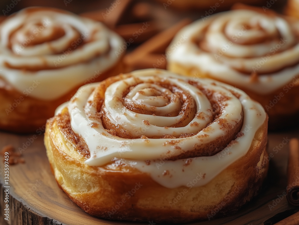 Fototapeta premium A close-up shot of freshly baked cinnamon rolls topped with a thick, creamy layer of cream cheese frosting. 