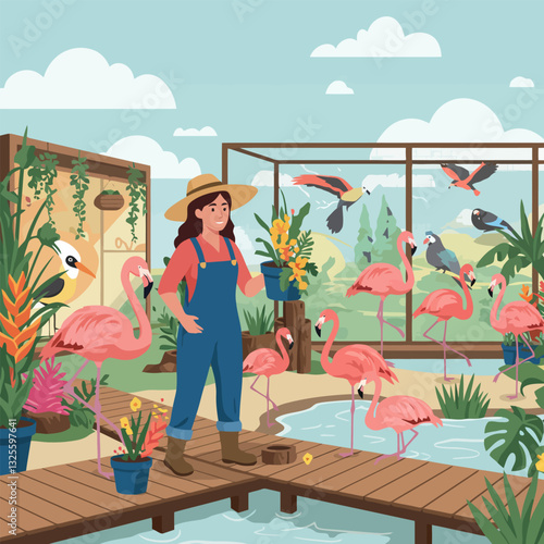Woman Gardening with Exotic Birds and Flamingos in Lush Enclosure