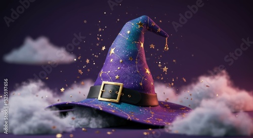 Magical wizard hat, cosmic galaxy pattern, starry night sky, fluffy white clouds, glowing particles, mystical, ethereal, fantasy, digital art, vibrant colors, purple and blue hues, golden buckle, whim