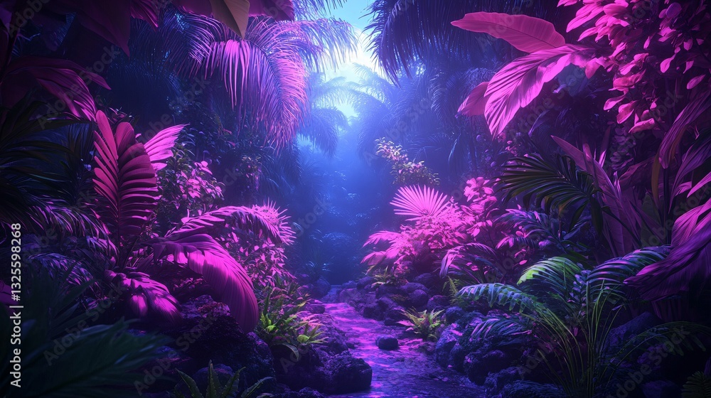 A mystical tropical rainforest where the plants glow in UV light like fluorescent coral reefs A mystical tropical rainforest where the plants glow in UV light like fluorescent coral reefs