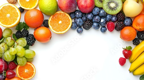 Fototapeta Naklejka Na Ścianę i Meble -  Fresh fruits border on white background