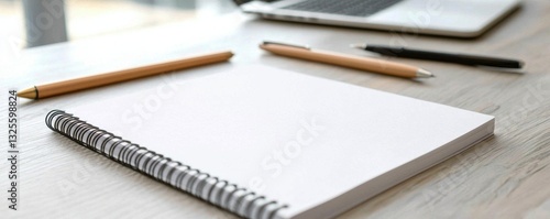 Wallpaper Mural A minimalist workspace featuring a blank notebook, pens, and a laptop, ideal for creativity and productivity. Torontodigital.ca