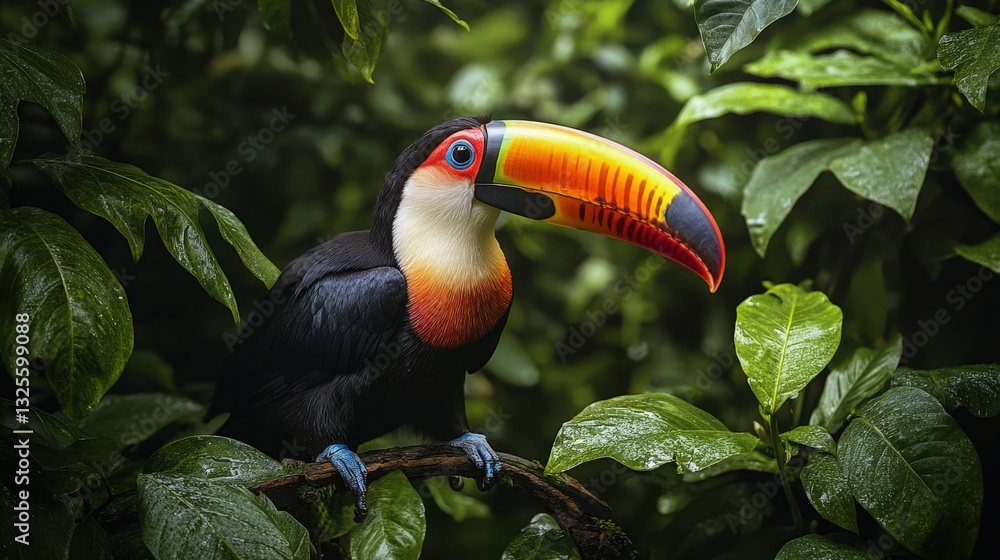 Fototapeta premium a toucan bird with its vibrant and colorful beak perched amidst lush green foliage