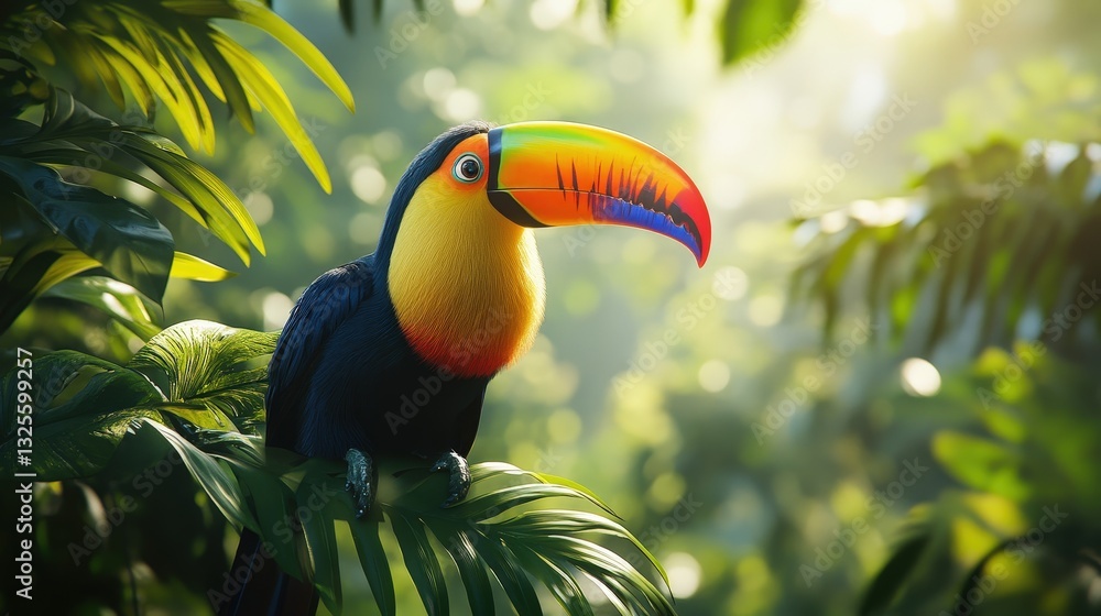 Fototapeta premium a vibrant toucan perched on a branch with lush green foliage surrounding it. Its colorful beak and striking appearance are on full display, adding a tropical touch