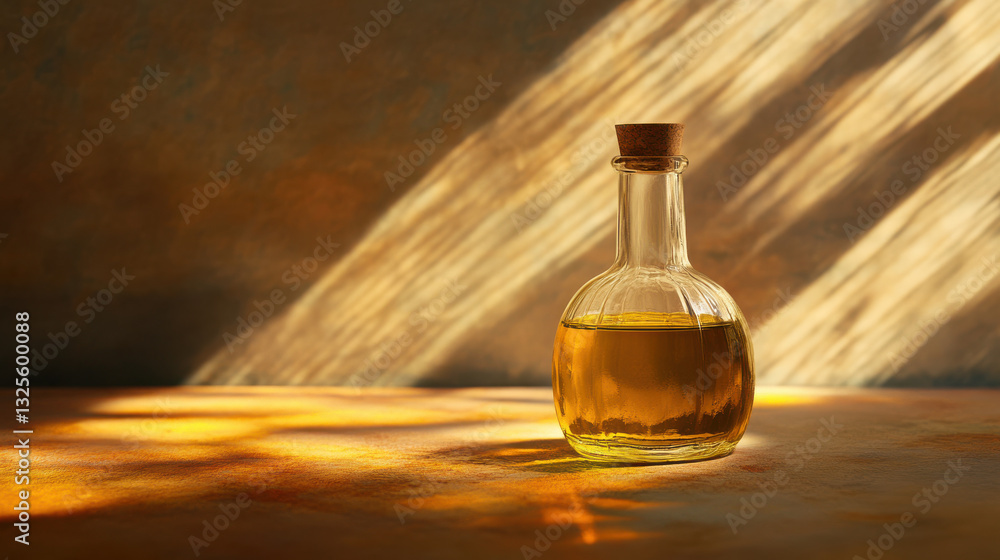 A delicate glass bottle with a tapered neck, filled with golden olive oil, placed on a warm-toned surface A delicate glass bottle with a tapered neck, filled with golden olive oil, placed on a warm-toned surface