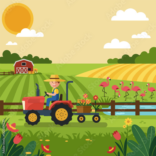 Farmer Driving Tractor with Flowers in Rural Landscape Scene