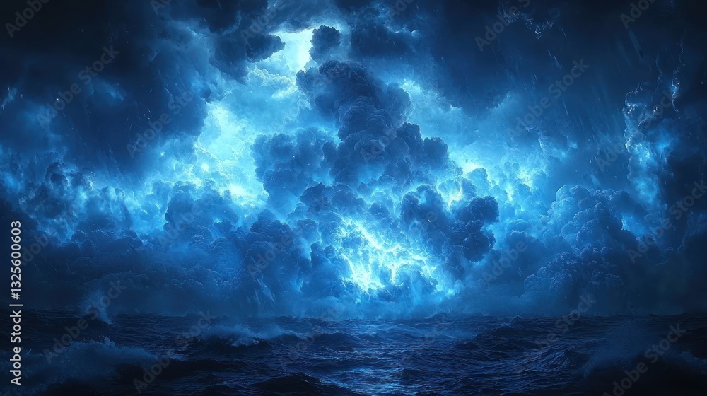 Fototapeta premium Electrifying blue storm clouds over a dark ocean.