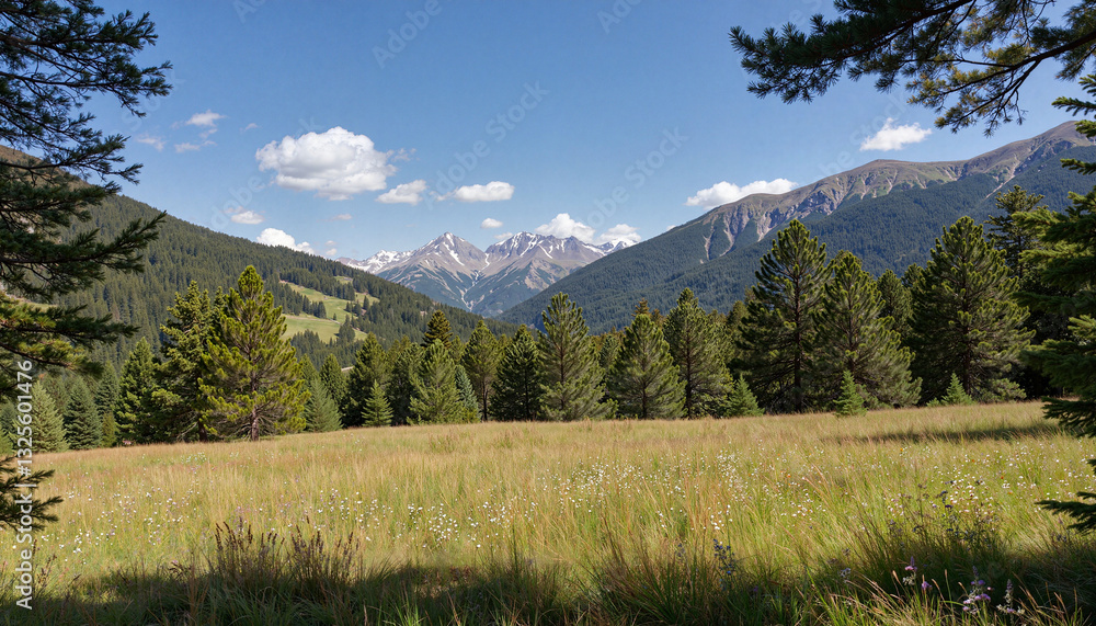 Scenic view of mountains and pine trees on sunny summer day Scenic view of mountains and pine trees on sunny summer day