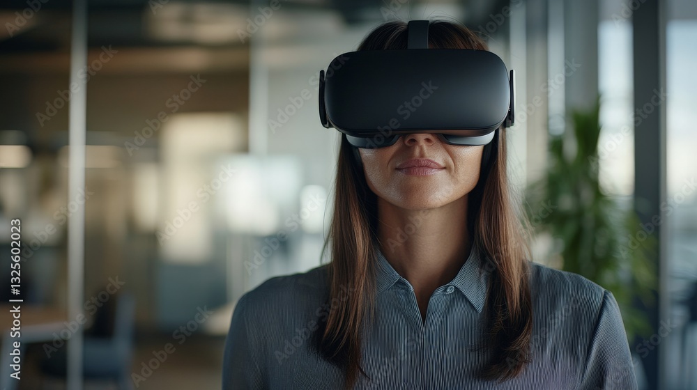 Young caucasian female experiencing virtual reality with vr headset in modern office Young caucasian female experiencing virtual reality with vr headset in modern office