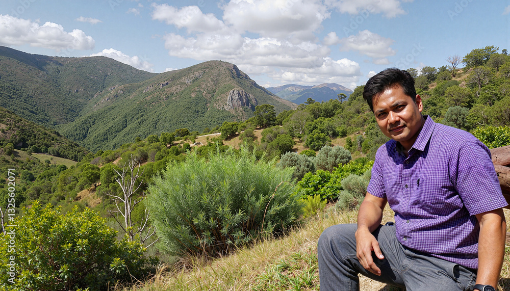 Naklejka premium Man enjoying nature in serene mountainous landscape