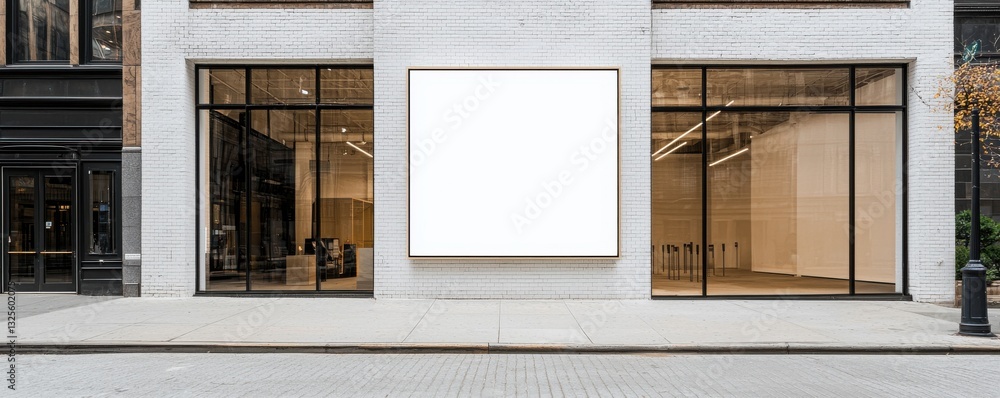 Fototapeta premium A modern storefront featuring large glass windows and a blank white sign, set against a minimalist architectural background.