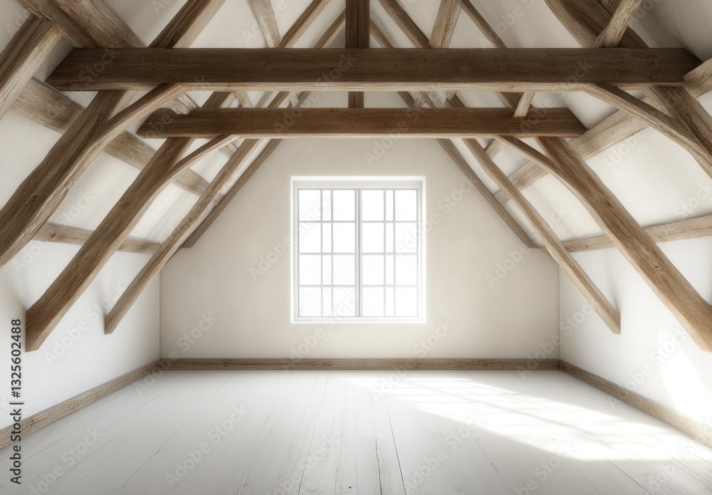 Obraz premium Empty attic room with exposed wooden beams and a large window.