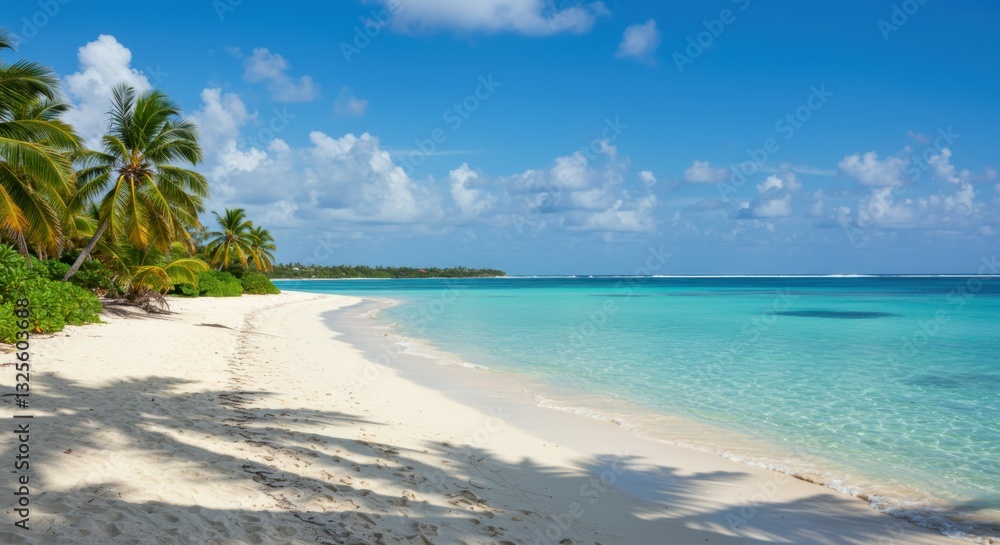 Tropical paradise, pristine white sand beach, crystal clear turquoise water, lush palm trees, sunny blue sky, fluffy white clouds, idyllic Caribbean landscape, serene ocean view, tropical island getaw Tropical paradise, pristine white sand beach, crystal clear turquoise water, lush palm trees, sunny blue sky, fluffy white clouds, idyllic Caribbean landscape, serene ocean view, tropical island getaw