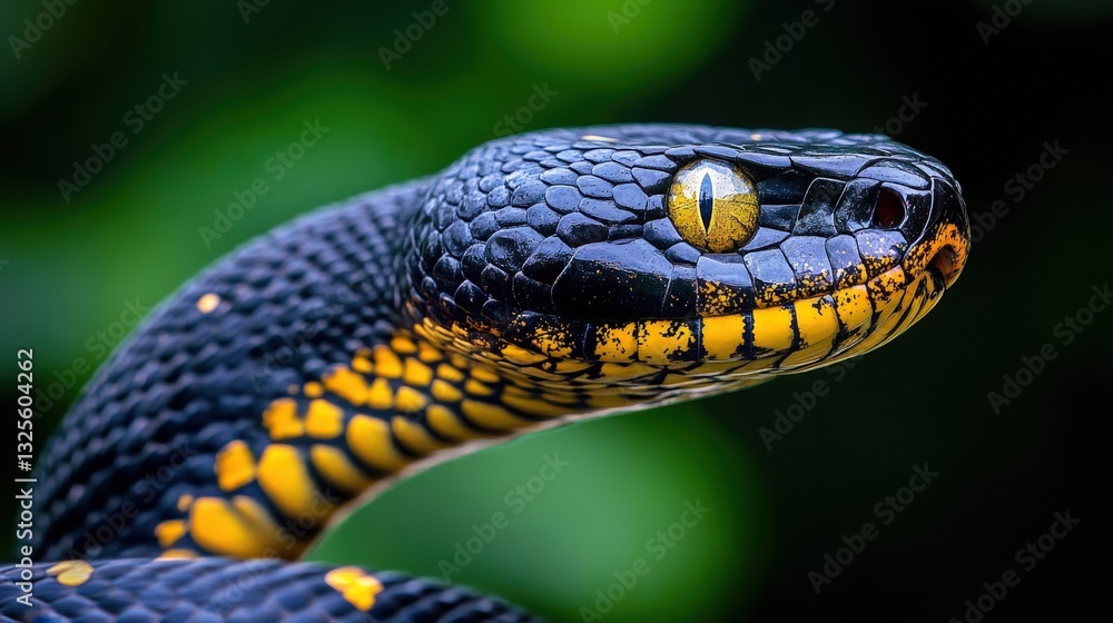 a captivating close-up portrait of a snake with striking black and yellow markings, highlighting its piercing yellow eye a captivating close-up portrait of a snake with striking black and yellow markings, highlighting its piercing yellow eye
