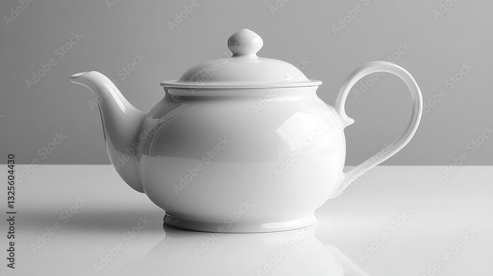 A classic white porcelain teapot, sitting on a reflective surface against a neutral background. A classic white porcelain teapot, sitting on a reflective surface against a neutral background.