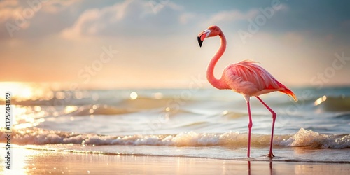 A pink flamingo stands alone on a sunny beach