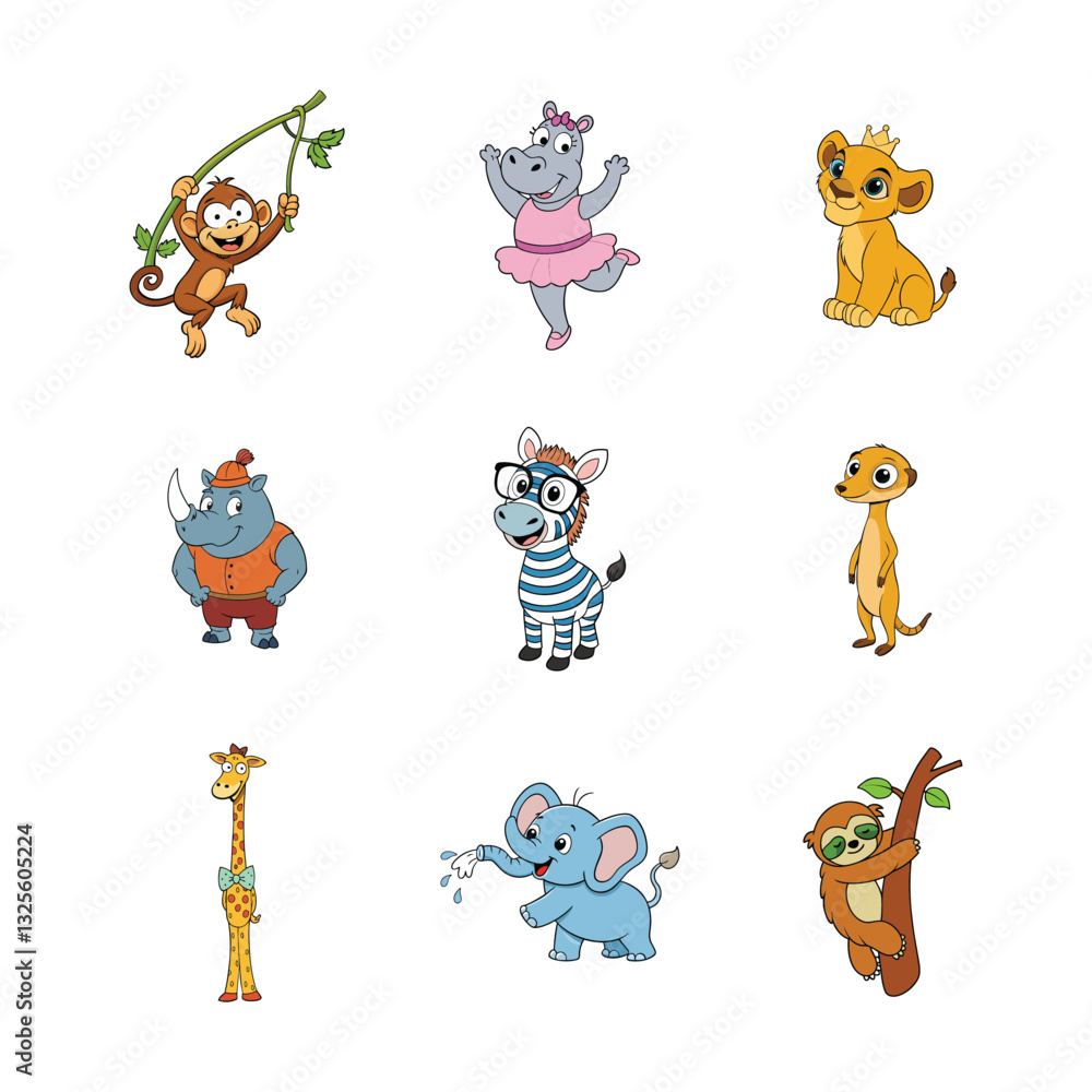 Fototapeta premium Cute Jungle & Safari Animal Mascots – Fun Cartoon Wildlife Characters