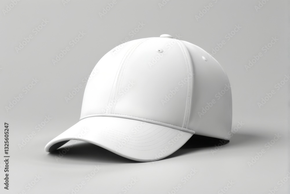 White Baseball Cap with Curved Brim and Adjustable Strap in 3D Rendering on Grey Background White Baseball Cap with Curved Brim and Adjustable Strap in 3D Rendering on Grey Background