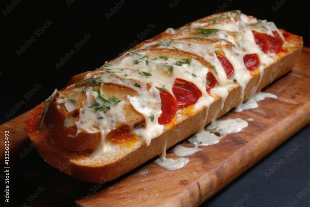 Freshly baked bread with melted cheese, bubbly pepperoni, and herbs on a wooden cutting board in dark background. Freshly baked bread with melted cheese, bubbly pepperoni, and herbs on a wooden cutting board in dark background.