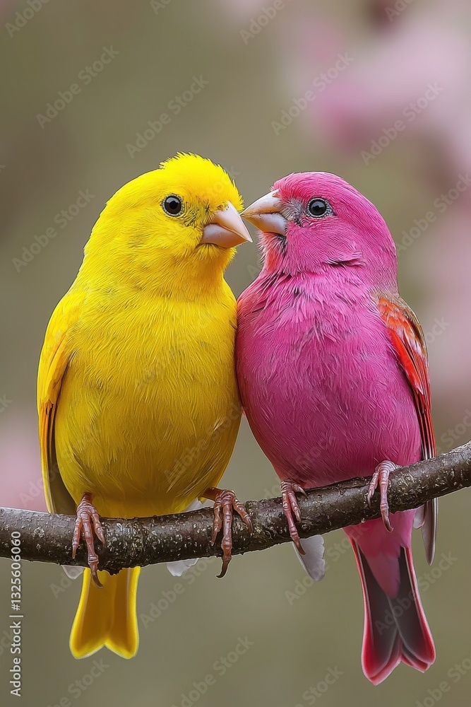 Naklejka premium Yellow Canary and Red Finch Perched on a Branch in Autumn