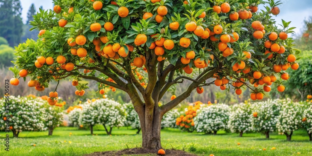 Fototapeta premium Mature orange tree with heavy fruit load and vibrant fragrant blossoms surrounding its branches, garden, citrus