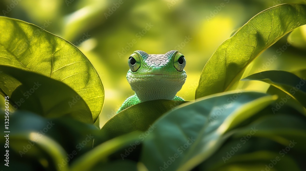 Εκτύπωση καμβά a captivating close-up of a green frog peeking through vibrant green leaves