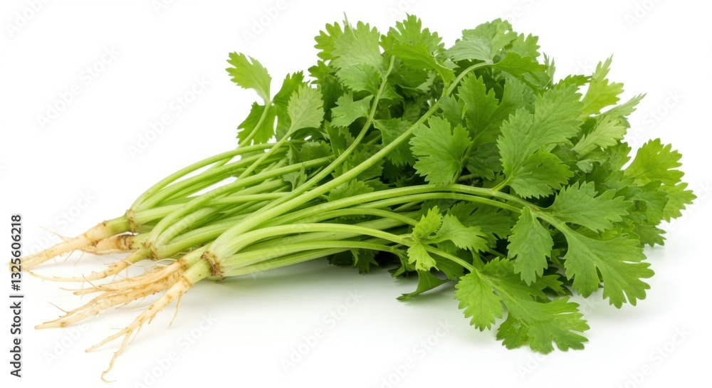 Fresh cilantro bunch, vibrant green leaves, white roots, aromatic herb, culinary ingredient, organic produce, detailed texture, bright lighting, white background, photorealistic, high resolution, food Fresh cilantro bunch, vibrant green leaves, white roots, aromatic herb, culinary ingredient, organic produce, detailed texture, bright lighting, white background, photorealistic, high resolution, food