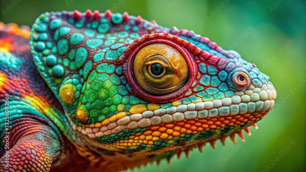 Obraz premium Close-up of ambanja panther chameleon's face with vibrant colors and intricate patterns on its scales, set against a blurred green background , reptile, animal