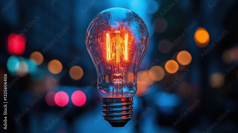 Glowing lightbulb against city bokeh. Glowing lightbulb against city bokeh.