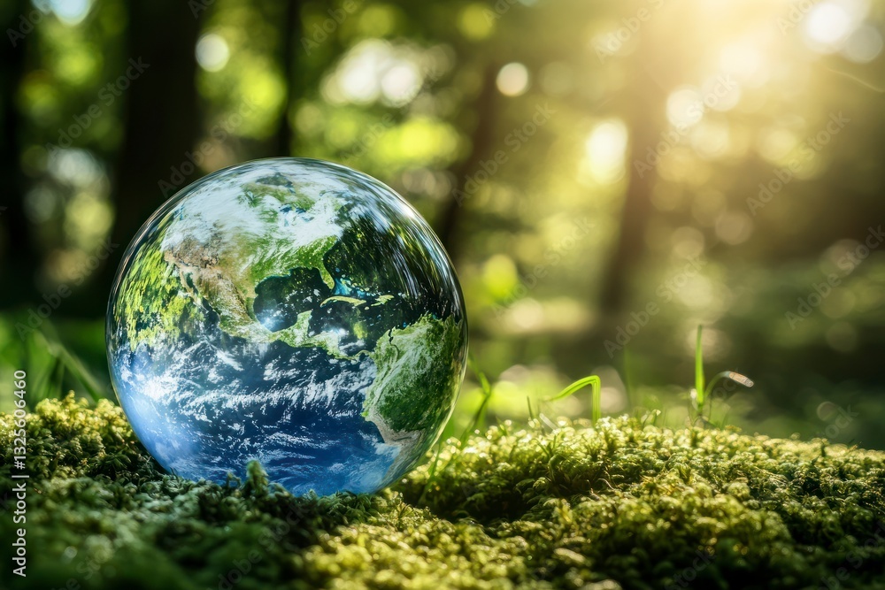 Glass Earth Globe Resting on Moss in a Lush Green Forest