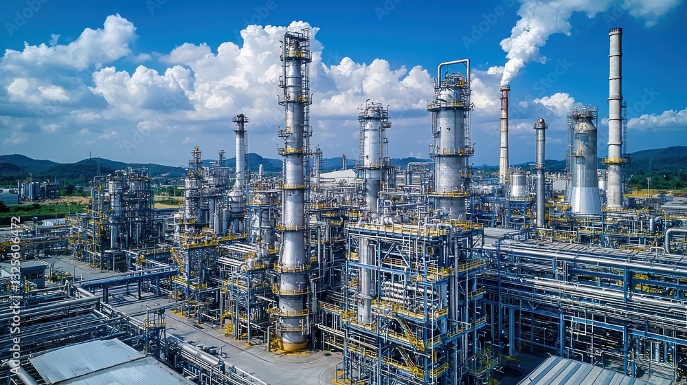 Complex industrial plant with numerous towering structures and equipment Complex industrial plant with numerous towering structures and equipment