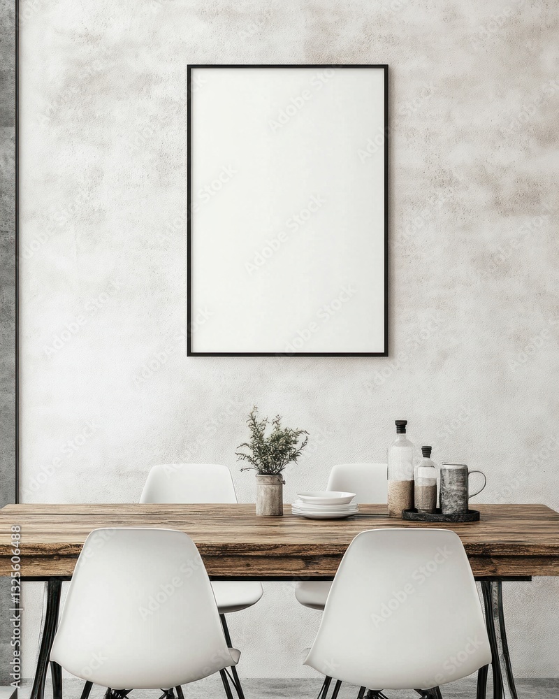 Empty frame above rustic wooden dining table with white chairs. Empty frame above rustic wooden dining table with white chairs.