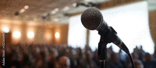 Black Microphone on Stand in Front of Audience in Conference Room with High Ceilings and Bright Lights.