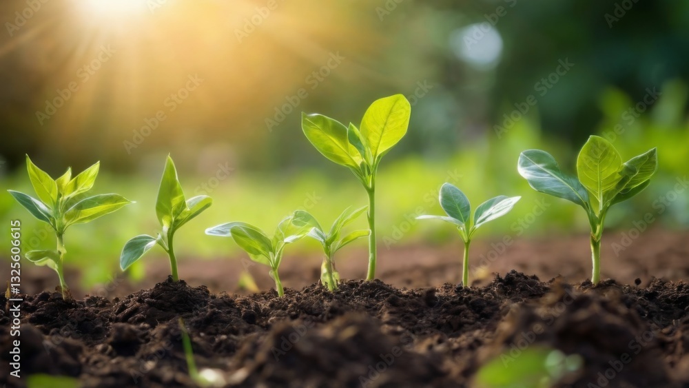 Serene and Healthy Young Plants Growing in Freshly Dug Soil Bed in Sunlit Garden Setting Serene and Healthy Young Plants Growing in Freshly Dug Soil Bed in Sunlit Garden Setting