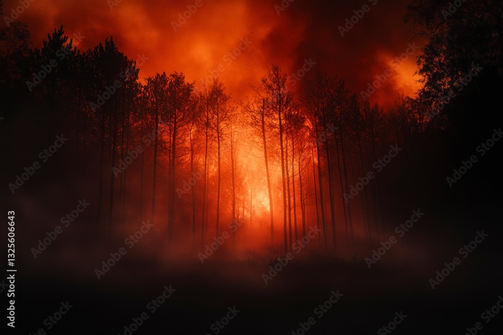 Burning Forest Landscape with Fire and Smoke Showing Intense Devastation Burning Forest Landscape with Fire and Smoke Showing Intense Devastation