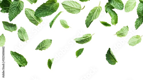 Falling mint leaves spearmint isolated on white