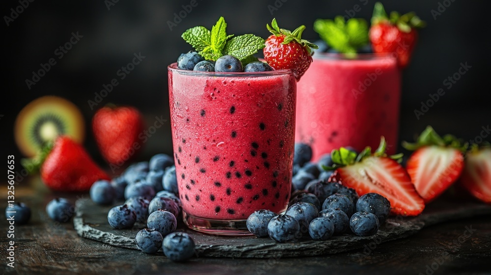 Refreshing strawberry and blueberry smoothie in a glass with fresh berries. Refreshing strawberry and blueberry smoothie in a glass with fresh berries.