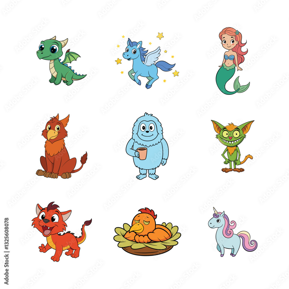 Obraz premium Cute Mythical & Fantasy Animal Mascots – Cartoon Creatures Vector Set