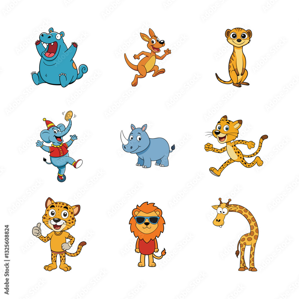 Obraz premium Playful Wild Safari Animal Mascots – Cartoon Wildlife Character Set
