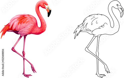 Flamingo: A vibrant illustration presents a graceful flamingo, its elegant form captured in both vivid color and delicate line art. Perfect for designs and creative projects.