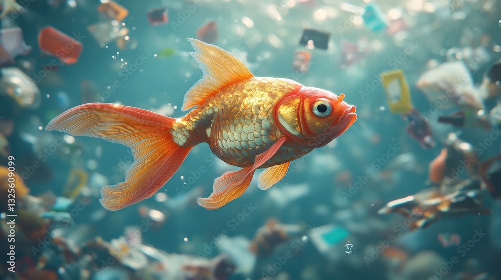 a goldfish swimming in polluted water, surrounded by trash and debris a goldfish swimming in polluted water, surrounded by trash and debris