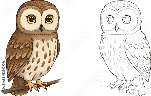 Owl Illustration: A charming illustrated owl, showcasing detailed features, sitting calmly on a branch and sketch version.