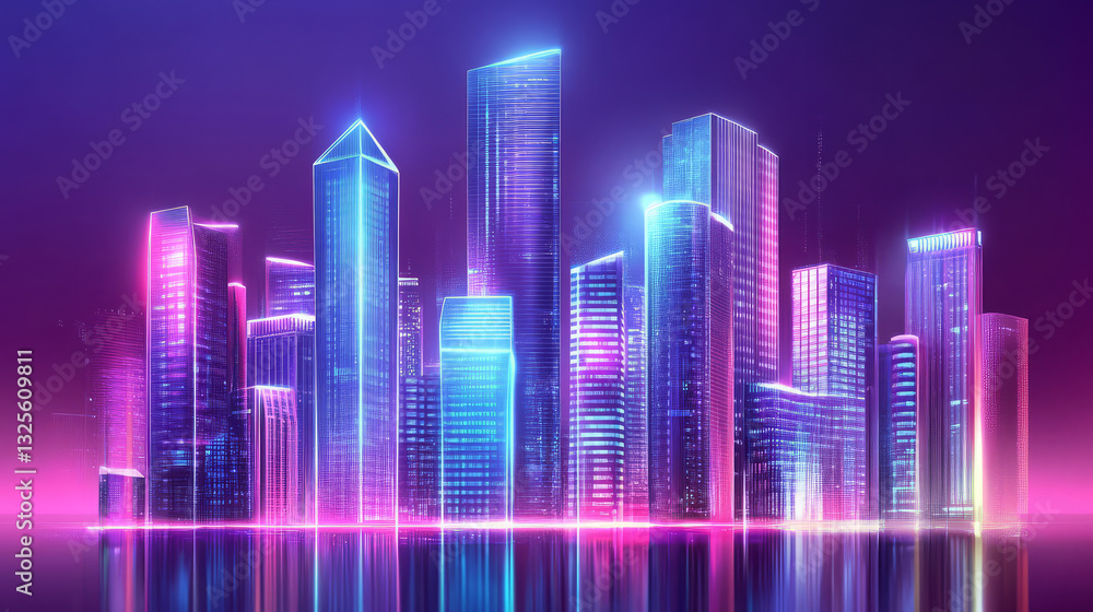 Futuristic city skyline with vibrant neon lights and abstract technology elements, creating mesmerizing atmosphere Futuristic city skyline with vibrant neon lights and abstract technology elements, creating mesmerizing atmosphere