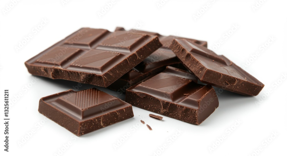 Chocolate bars, broken pieces, milk chocolate, geometric shapes, smooth texture, rich brown color, white background, close-up photography, food styling, minimalist composition, indulgent treats, confe Chocolate bars, broken pieces, milk chocolate, geometric shapes, smooth texture, rich brown color, white background, close-up photography, food styling, minimalist composition, indulgent treats, confe