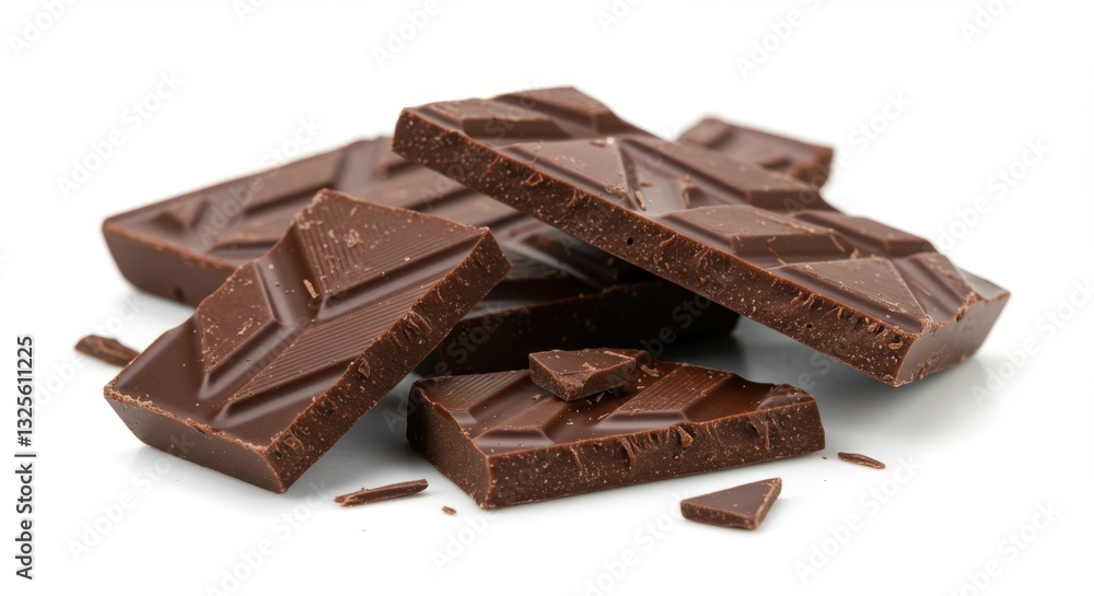 Chocolate bars, broken pieces, milk chocolate, geometric shapes, smooth texture, rich brown color, white background, close-up photography, food styling, minimalist composition, indulgent treats, confe