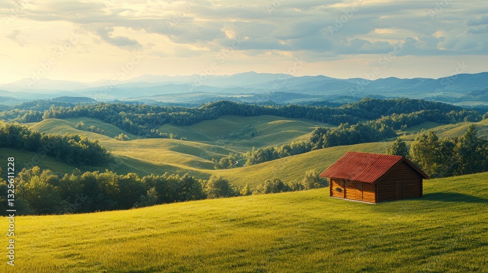 A wooden cabin sits serenely on a grassy hillside landscape A wooden cabin sits serenely on a grassy hillside landscape