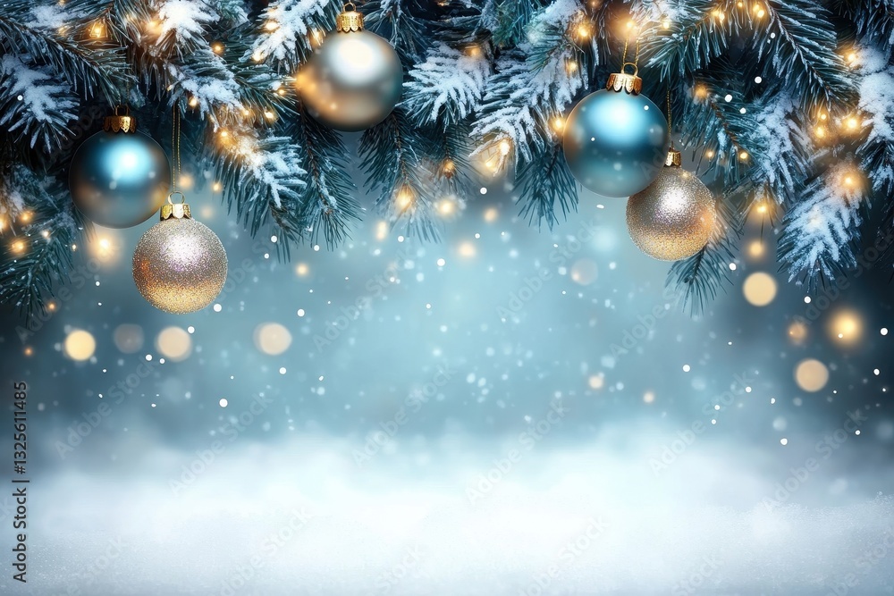 Fototapeta premium Snow-dusted fir branches, shimmering ornaments, warm lights. Perfect for Christmas cards, winter holidays, or festive designs.