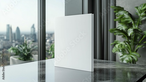 Blank book mockup on a table with city view.