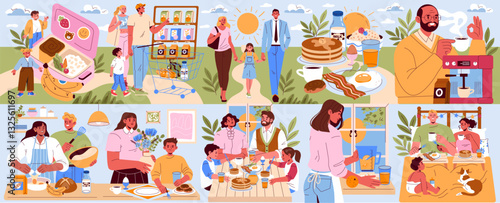 Family Breakfast. Flat Vector Illustration